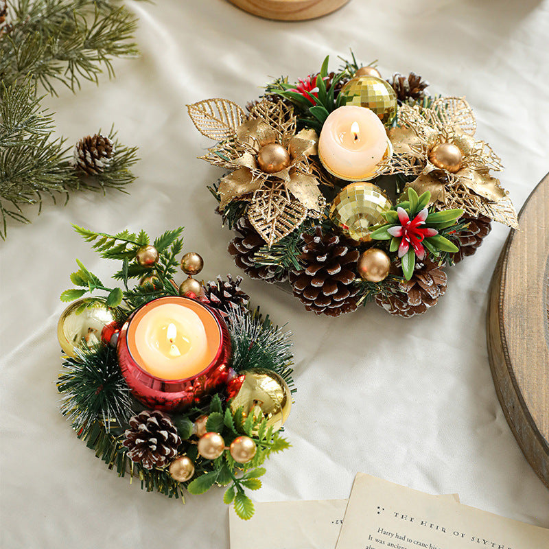 Bougies et Bougeoirs de Noël – Couronne Métal, Pommes de Pin et Feuilles Artificielles pour Table de noël