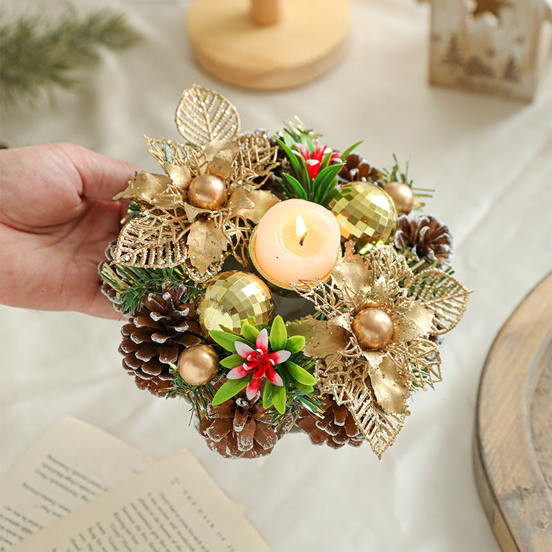 Bougies et Bougeoirs de Noël – Couronne Métal, Pommes de Pin et Feuilles Artificielles pour Table de noël